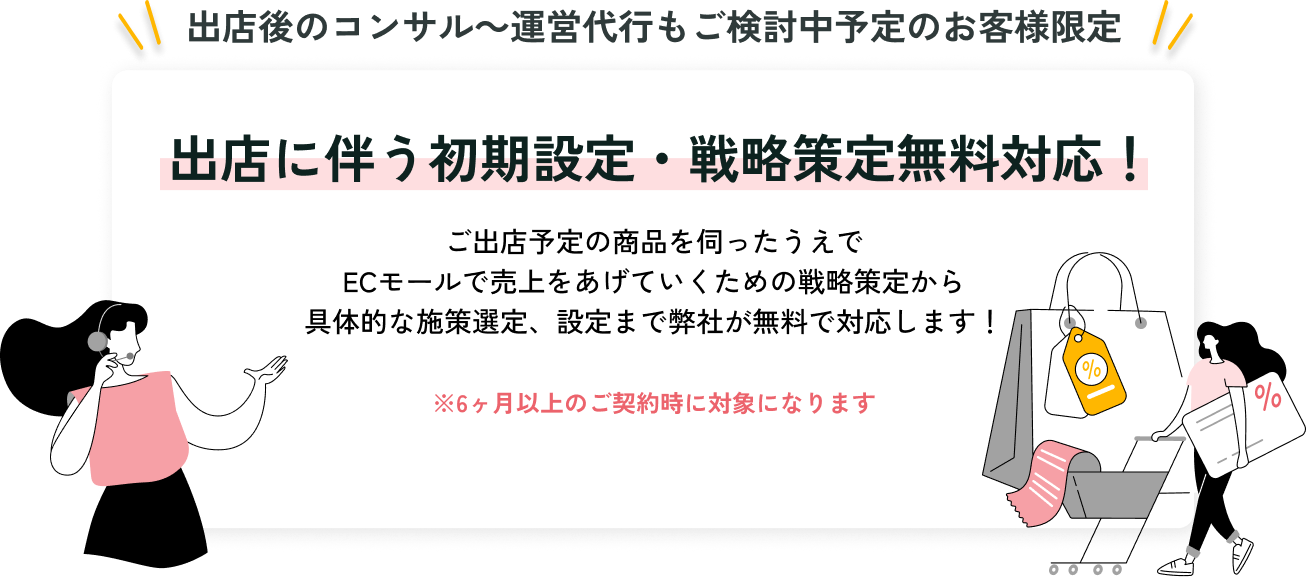 出店後のコンサル～運営代行もご検討中予定のお客様限定!出店に伴う初期設定・戦略策定無料対応！ご出店予定の商品を伺ったうえで
ECモールで売上をあげていくための戦略策定から
具体的な施策選定、設定まで弊社が無料で対応します！※6ヶ月以上のご契約時に対象になります