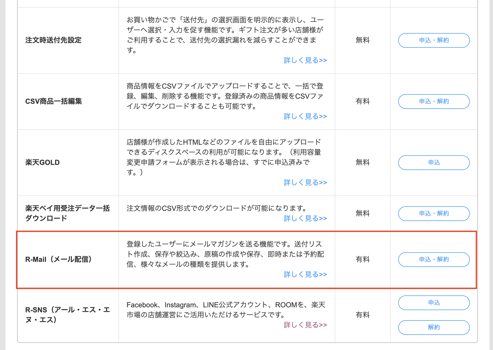R-mailの申し込み・解約ボタン