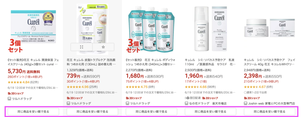 楽天市場サイト商品価格ナビ機能の表示方法