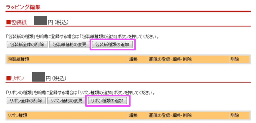 楽天市場RMS画面でのラッピング情報の登録手順包装紙の設定方法「種類の追加」